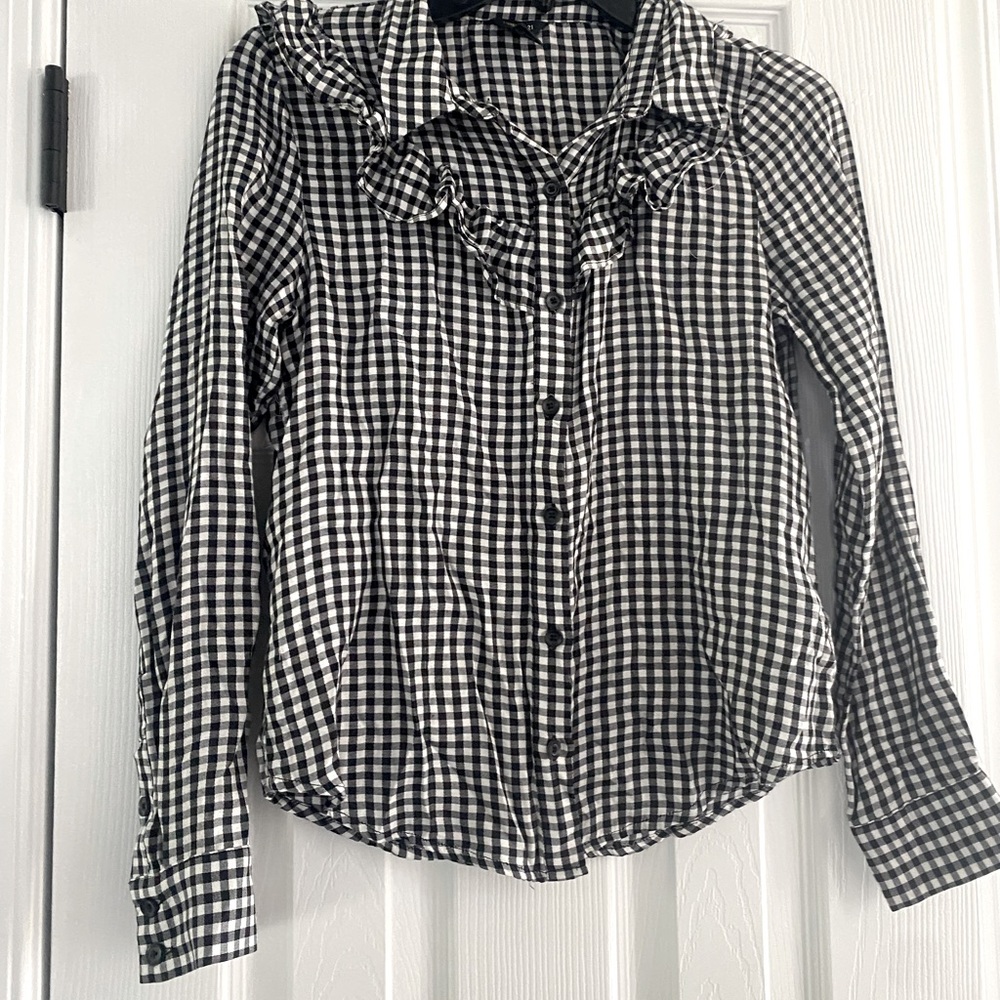 Gingham button down ruffle blouse
